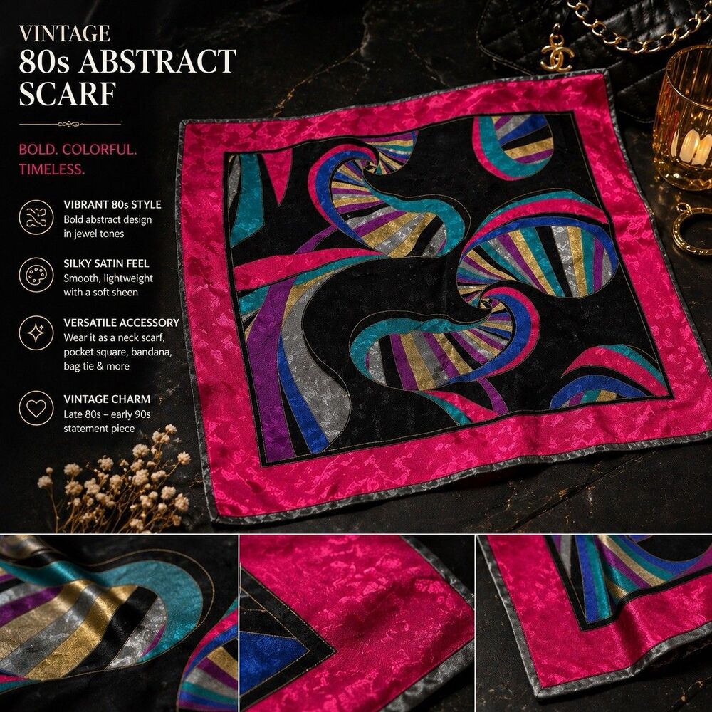 VTG 80s Abstract Art Scarf Pink Black Silk Feel Pocket Square Avant